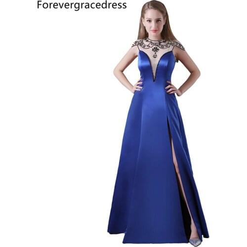 Forevergracedress Sexy Side Slit Evening Dress A Line Sheer Illusion Neck Satin Long Formal Party Gown Plus Size Custom Made