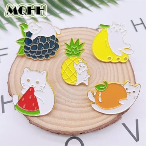 Cartoon Fun Animal Cat Enamel Pins Fruit Banana Grape Watermelon Pineapple Orange Alloy Brooch Badge Sweet Woman Jewelry Gift