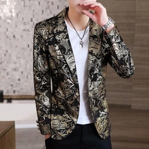Blazer Men 2021 New Spring and Autumn High Quality Mens Pure Color Gold Flower Single Button Slim Long-sleeved Mens Suit