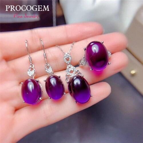 S925 Silver Oval Amethyst Jewelry Sets for Women Party Necklace Ring Drop Earrings Real Gemstones Fine Jewelry #1354