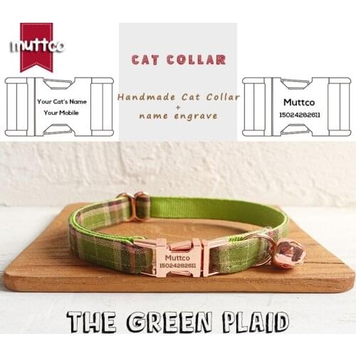 MUTTCO retail handmade engr rose gold high quality metal buckle collar for cat THE GREEN PLAID design cat collar 2 sizes UCC041M