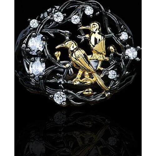 Retro Style Two Gold Bird White Zircon Mesh Woven Black Gold Ring For Women 925 Sterling Silver Wedding Party Engagement