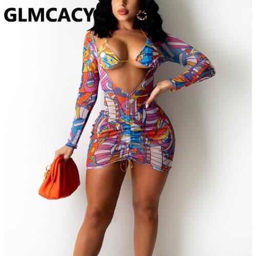 Long Sleeve V Neck Mesh Bodycon Mini Dress