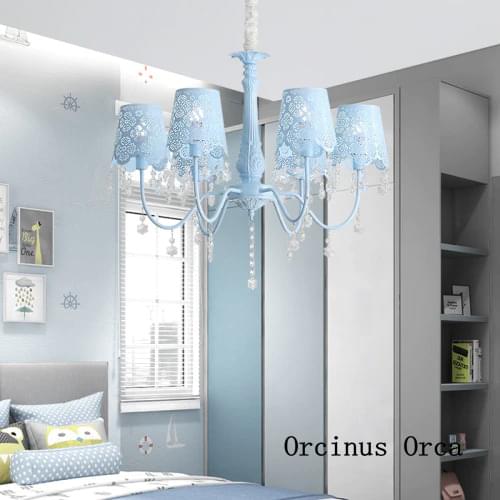 Mediterranean Blue Lace Chandelier Girls Bedroom Childrens Room Princesss Room Lamp Pastoral Pink Crystal Chandelier