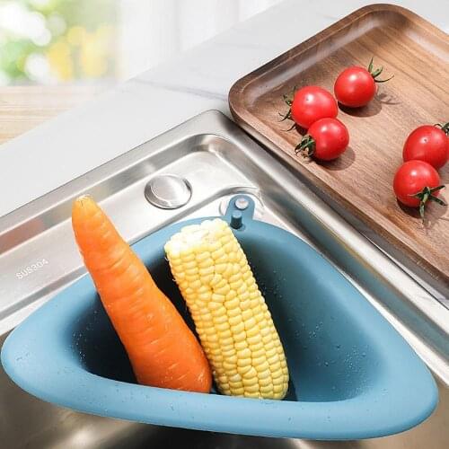 Kitchen Triangular Sink Strainer Drain Vegetable Fruit Drainer Basket Suction Cup Sponge Rack Storage ToolSink Filter Shelf