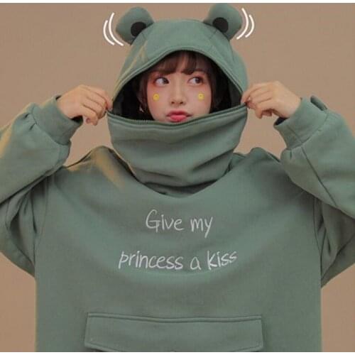 Women Autumn Thick Loose Sweatshirt Harajuku Letters Printed Lovely Frog Casual Hooded Hoodies Pullover Female Thicken