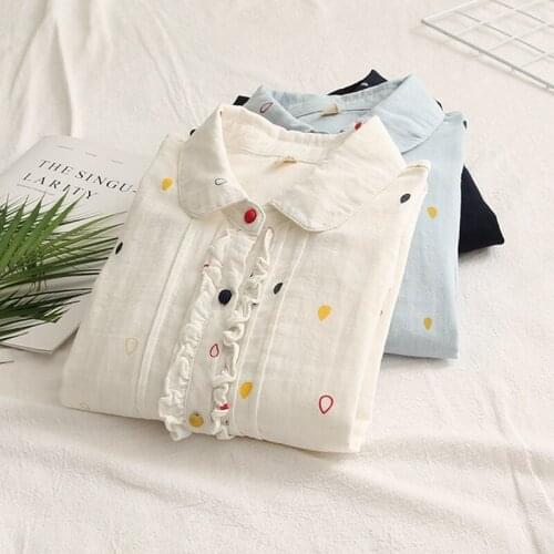 Cotton 100% Polka Dot Women Shirts Summer New Sweet Style Ruffles Patchwork Elegant Office Lady Outwear Tops