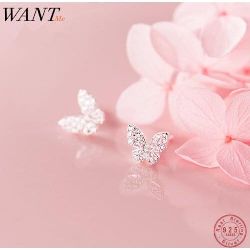 WANTME Hot Real 925 Sterling Silver Luxury Cute Butterfly Stud Earrings for Women Girls Party Anniversary Accessories Jewelry