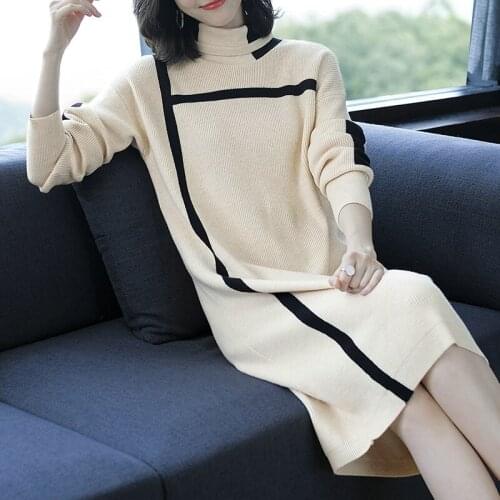 New 2019 Ladies Cashmere Sweater Soft Dress Autumn Winter Elegant Female Fashion Striped Wool Sweater Dress Pullovers