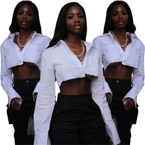 RStylish Autumn 2021 New Women Street Wear Solid Color Button Up Lapel Collar Long Sleeve Shirts Crop Top