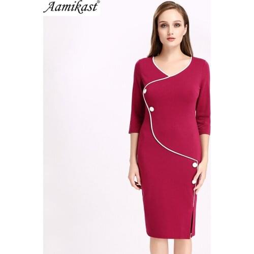 Aamikast Women Dresses Autumn Vintage Brief Split Bottom Elegant Casual Work Bodycon Knee Women Office Pencil Dress vestidos