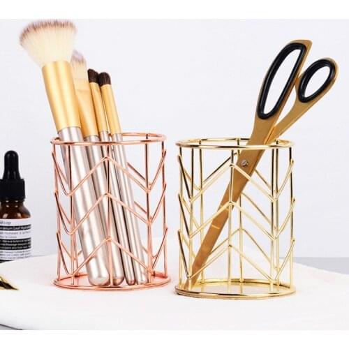 Golden Pen Holder Nordic Ins Rose Gold Office Supplies Multifunctional Wrought Iron Pen Holder Cosmetic Brush Tube Holder