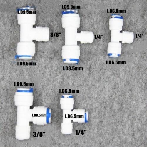 1pcs RO Water Plastic Pipe Fitting Tee 1/4" 3/8" Male to I.D6.5mm I.D9.5mm Reverse Osmosis System Quick Coupling
