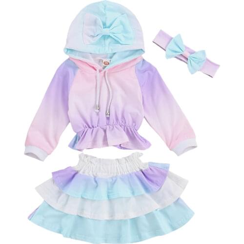 Newborn Toddler Girls 3Pcs Outfits Suits Tie Dye Gradient Color Hoodies Sweatshirt+ Ruffle Layer Skirt + Bow Headband