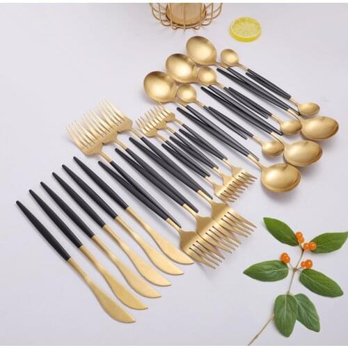 30Pcs Gold Dinnerware Set Stainless Steel Matte Knife Fork Coffee Spoon Teaspoon Dishwasher Safe Cutlery Set Home Tableware Set