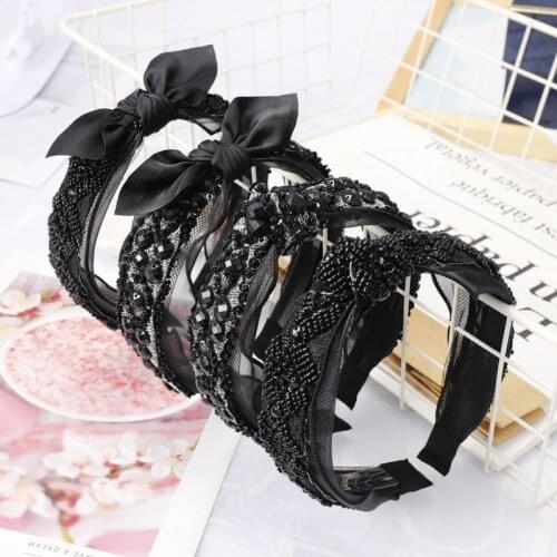Bohemian Vintage Black Lace with Blace Seed Beads Headband Knotted Bow Hairband Hair Accessories