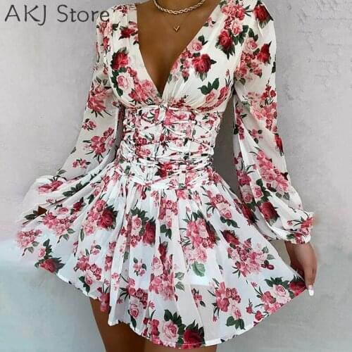Floral Print Lace Up Ruched Long Sleeve Party Dress