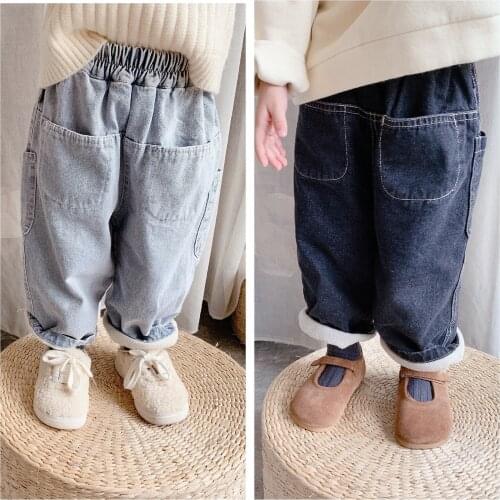 Winter New Kids Korean Jeans 2 3 4 5 6 7 Y Baby Girls Plus Velvet Casual Denim Pants Child Thicken Warm Loose Soft Jeans Trouser