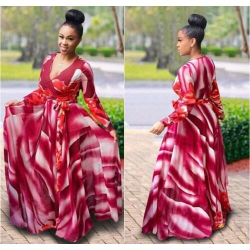 Elegant Maxi Dress V-Neck Long-Sleeve Casual Bohe Belt Split Long Tropical Beach Vintage Sashes Plus-Size Dresses