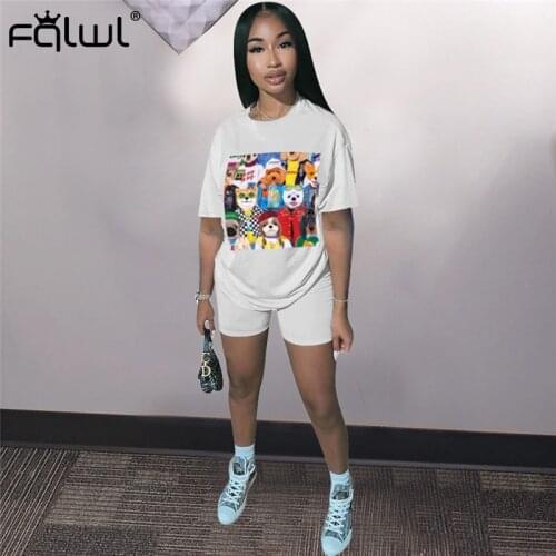 FQLWL Cartoon Print Two Piece Set Women Suit Summer Outfits T Shirt Biker Shorts Set Women Matching Sets Ladies Tracksuit Female