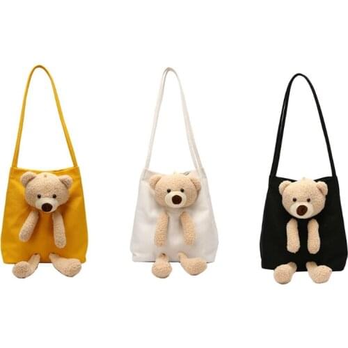 Cute Bear Canvas Shoulder Bag Personality Fashion Women Shoulder Messenger Bag Casual Daily Wear Crossbody Purse Fashion