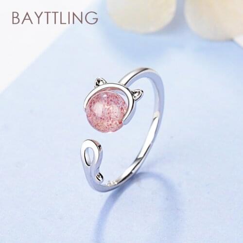 BAYTTLING New 925 Sterling Silver Cute Cat Strawberry Crystal Open Ring For Woman Party Wedding Jewelry Gift