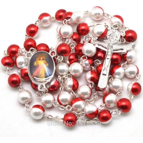 Fashion MEDUGORJE Jesus Rosary Center Medals Red White Two Color Glass Round Beads