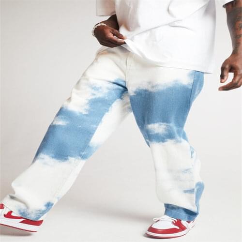 2020 Mens Tie-dyed Denim Straight-fit Pant Washed Comfort Stretch Chino Comfort Rise Relaxed Straight Leg Jeans for All Seasons