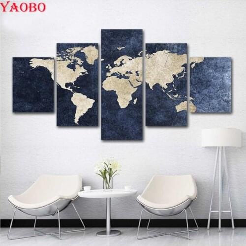 Full Square round Diy Diamond Painting Abstract World Map Picture for Living Room Decor diamond mosaic Diamond Embroidery 5 pcs
