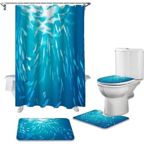 Ocean School Of Fish Blue Shower Curtains Set Bath Mat Set Toilet Cover Waterproof Bathroom Shower Curtain and Rug Sets