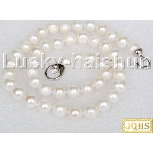 JQHS natural 18" 10mm round white string freshwater pearls necklace 18KGP clasp j12496 jewelry
