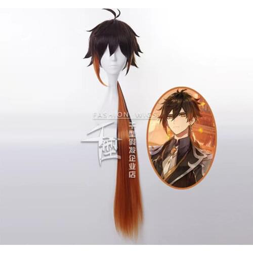 Genshin Impact Zhongli Cosplay 90cm Long Christmas Brown Orange Wig Cosplay Anime Wigs Heat Resistant Synthetic Wigs Halloween