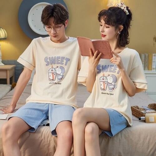 Summer Japan Anime Couple Pajamas Set Kawaii Sweet Doraemon Cartoon Maiden Sleepwear Leisure Cotton Short Sleeve Men Homewear
