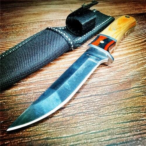 Straight knife with wooden handle, stainless steel blade, sharp and durable, camping survival knife, jungle hunting knife