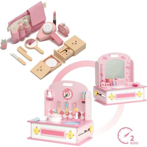 Robotime Kids & Toddlers Play Kitchen & Dressing Table Set Two Side Design Wooden Toy for Boys Girls with Cookware Makeup