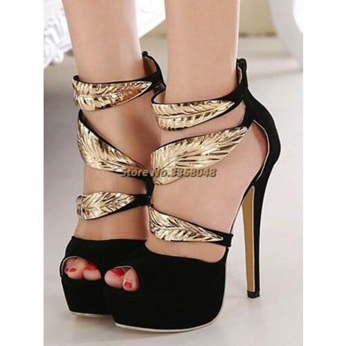 Platform Peep Toe Gold Leaves Decor Sandals Stiletto High Heels Black Suede Back Zipper Cover Heel Women Dress Shoes