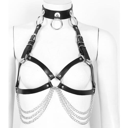 Sexy Erotic Rave Women Harness Goth Cupless Bra Crop Top PU Leather Body Chest Harness Straps with Metal Chain Tassel Lingerie