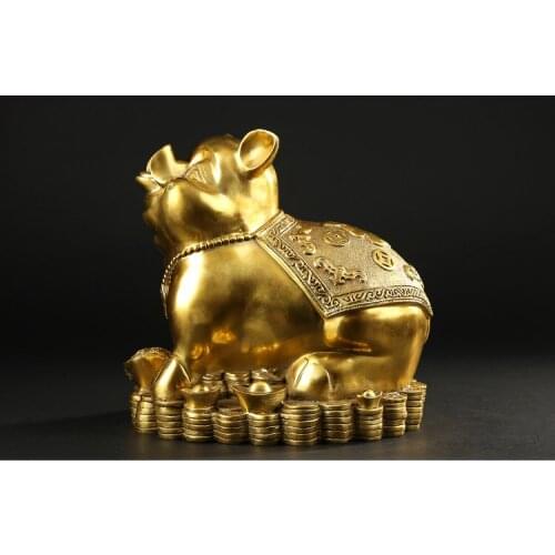 2020 TOP GOOD # HOME Shop lobby Business art Money Drawing Good luck GOLD Yuanbao Fortune pig FENG SHUI BRASS Sculpture Statue