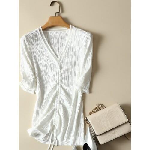 Vintage Knitted Women T-Shirts Summer New Design 2021 V-Neck Drawstring Slim Elegant Office Lady Pulls Outwear Tops Tees