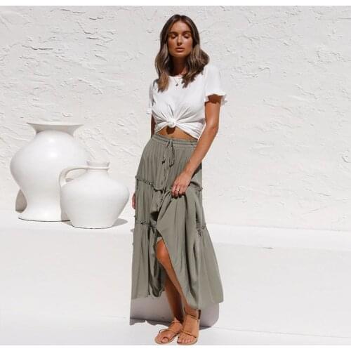 2021 Pleated Skirt Women Summer Casual Lace-Up Elastic Waist Midi Skirt Woman Patchwork Ruffles High Waist Skirts Plisada Mujer