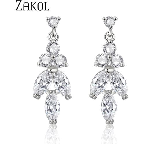 ZAKOL Elegant Bridal Jewelry Cubic Zirconia Leaf Dangle Earrings for Women Party Dinner Birthday Wedding Accessories FSEP4048