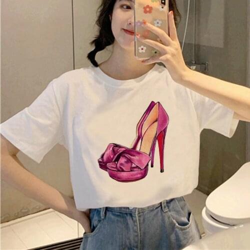 Womens T-shirt high-heeled shoes fashion graphic T-shirt women Fashion Soft Casual White T shirts Tops