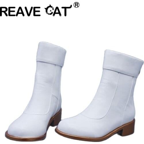 REAVE CAT 2021 Spring Autumn Ladies Fashion Ankle Boots Concise Solid Round Toe Zip 4CM Square Heel Shoes Size 33-44 White A4502