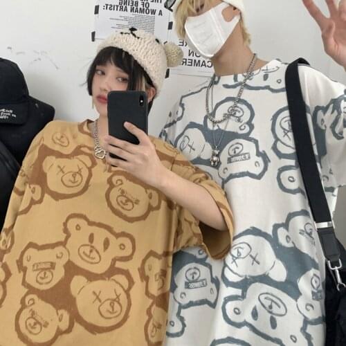 2021 Summer Kawaii Korean Style Womens T-Shirts Loose Short Sleeves Trendy Hip-Hop Couple Clothing Full Of Bears Couple Top