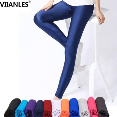 VIIANLES Women Casual Pant Fluorescent Leggings Solid Leggins Shinny Elasticity Gym Fitness Trousers