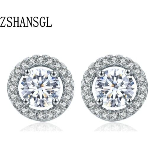 Silver Color 1ct Dazzling Clear Round Cut CZ Stud Earrings for Women Halo Bridal Wedding Jewelry Femme Brincos