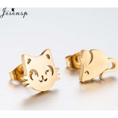 Jisensp Stainless Steel Kitty Cat Earrings for Women Everyday Jewellery Cartoon Mouse Stud Earrings Baby Children Jewelry Gifts