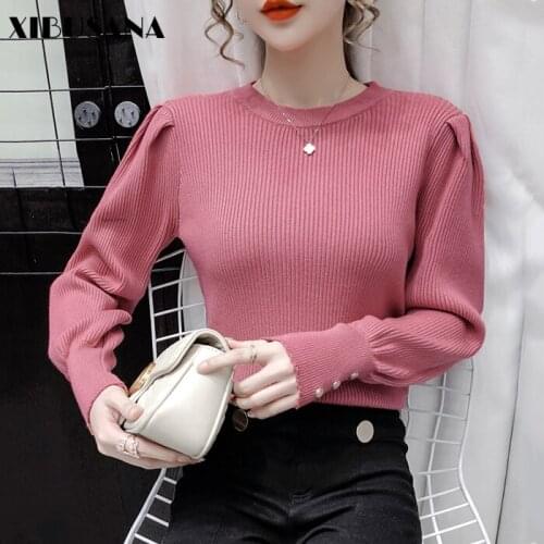 Women O-Neck Long Sleeve Sweaters 2021 Spring Autumn Puff Sleeve Solid Knitted Tops Female Elegant Solid Bottoming Shirts New