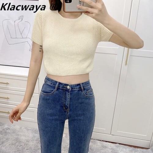 Klacwaya Za Women Summer Back Straps Crop Knit Top Women Short Sleeve O Neck Backless Sweater Feminine Open Back Casual Pullover