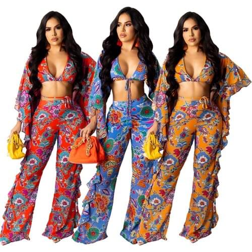 Vintage Floral Print Ruffless Two Piece Set Women Sexy V Neck Flare Sleeve Backless Bandage Crop Top + Pants Slim Club Suits
